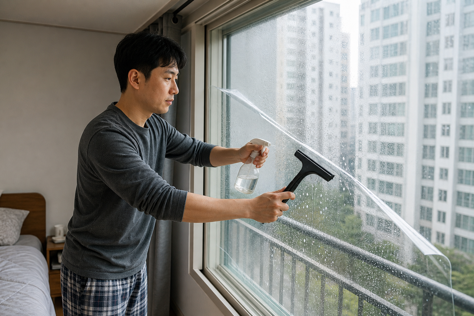 셀프 시공 중인 창문과 물방울