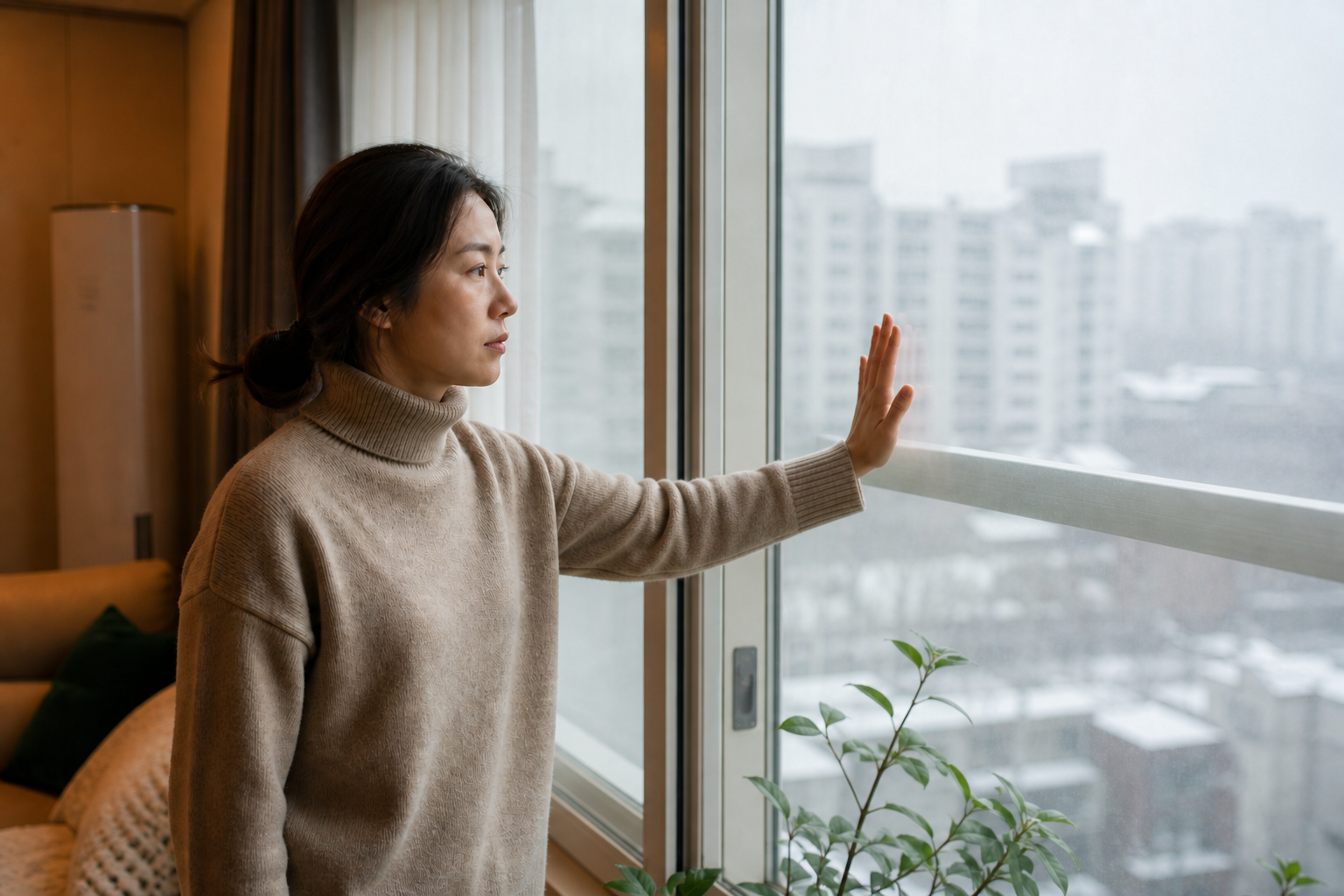 아파트 베란다 창과 창밖 겨울 단지 풍경